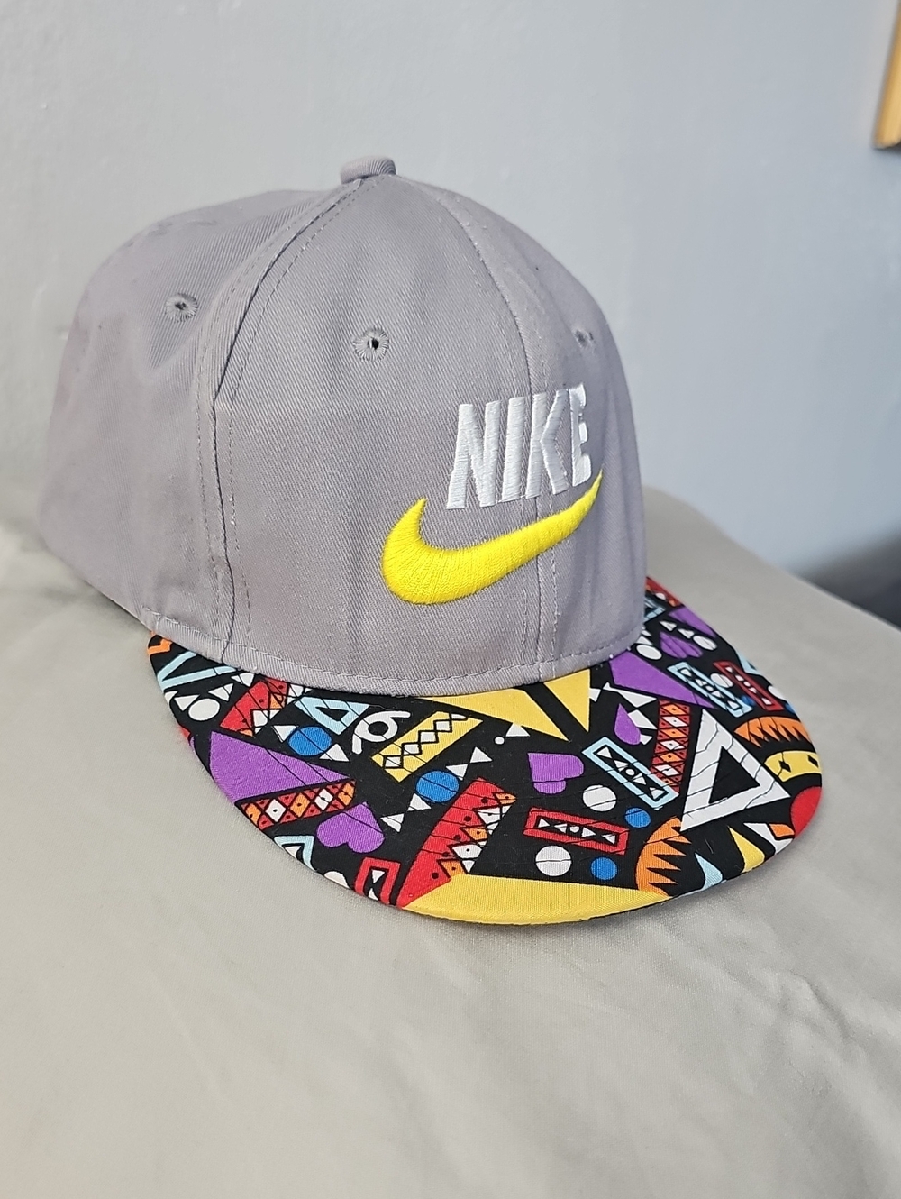Nike Kids Gray Cap with Colorful Patterned Brim. Handmade